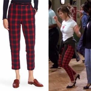 Rachel Green Friends Alternate Velvet Stripe Plaid Straight Pants Red size 2 NWT